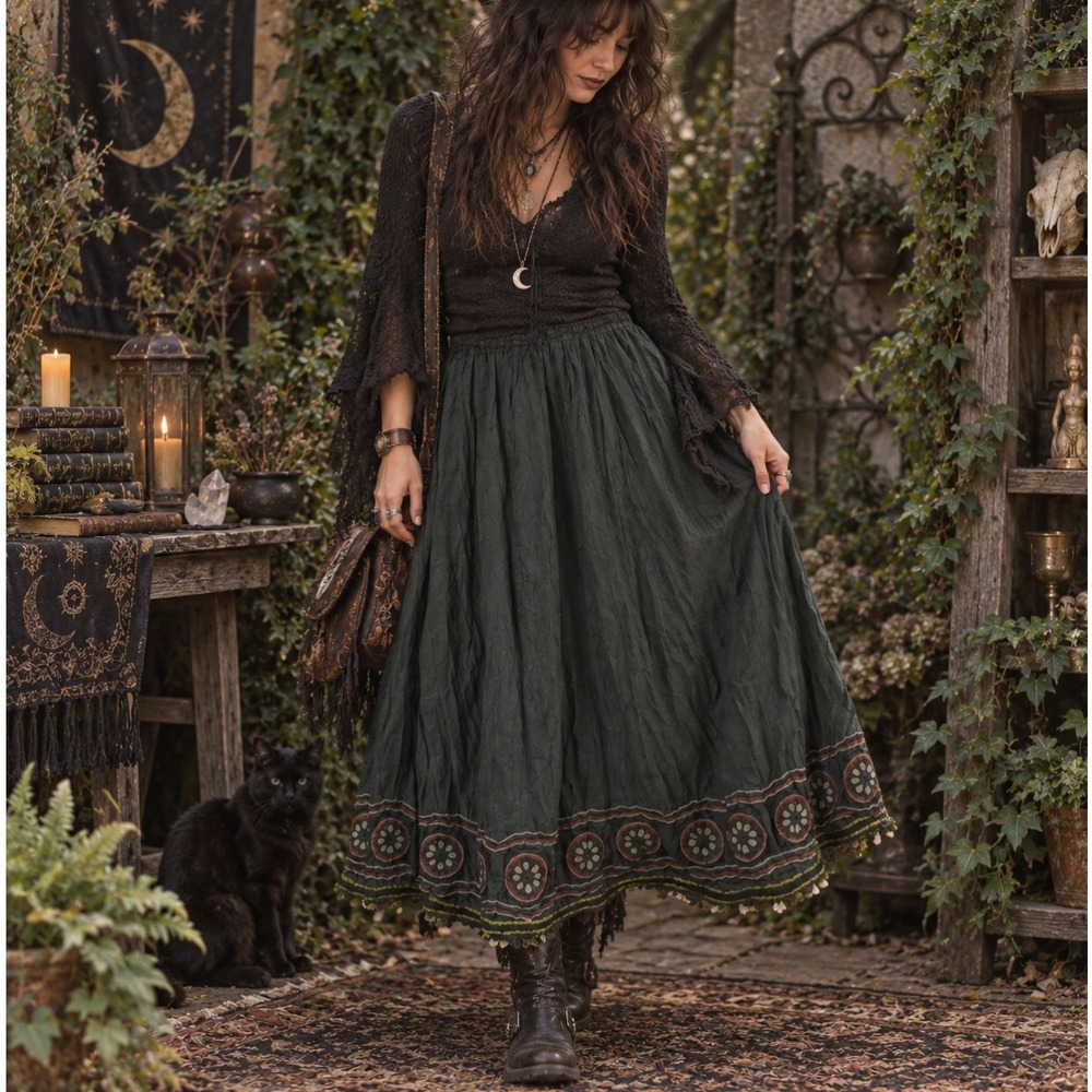 Vintage Black Cotton Embroidered Sequin Hem Midi Skirt M Witchy Whimsigoth Boho